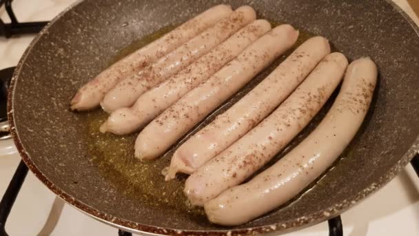 Appetizing Ruddy Juicy Sausages Fried Large Frying Pan — Stock Video