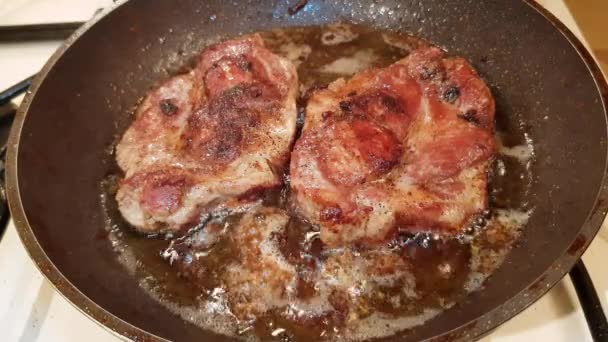 Fat Juicy Pork Steak Fried Olive Oil Frying Pan — Stock Video