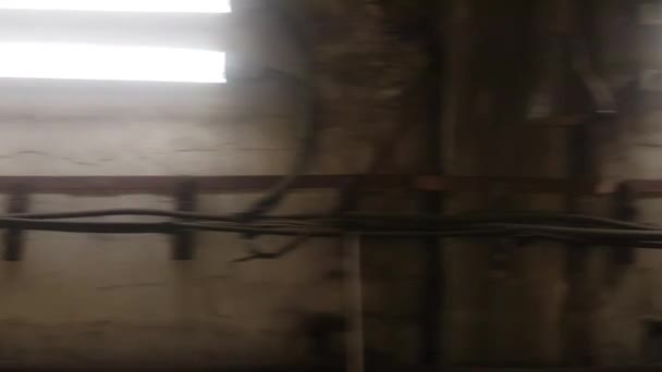 Fönstervisning Ett Tåg Som Rör Sig Genom Lång Mörk Tunnel — Stockvideo