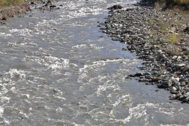 Gündüz vakti bir dağ nehrinin çalkantılı akışı