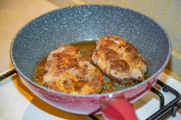 Juicy Appetizing Steaks Fat Pork Fried Pan Olive Oil — Stock Photo, Image