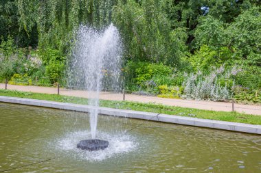 Yazın güneşli bir günde halka açık bir parkta küçük bir çeşme.