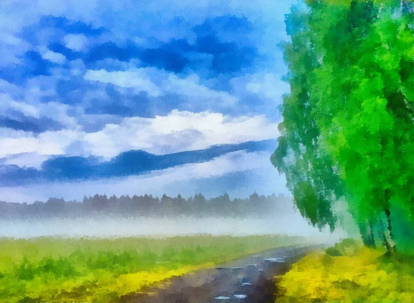描绘了乡间田野与森林之间晨雾弥漫的道路 说明1 — 图库照片