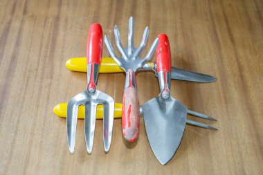 Toprak ve bitki yetiştirmek için ahşap saplı eski bahçe aleti