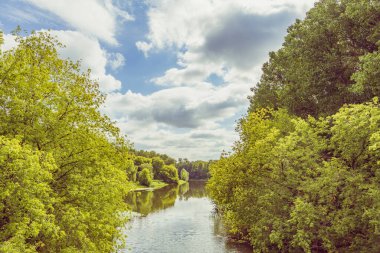 Sığ nehir ve gündüz vakti yeşil yaz kıyıları