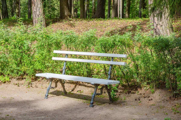 Recreation Bench Made White Boards Wrought Iron City Park Summer — Stock Photo, Image