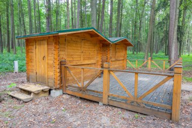 Gündüz vakti yeşil yaz ormanında ahşap küçük ev