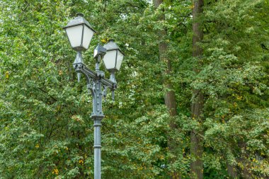 Halka açık bir parkta antika siyah bir fener.