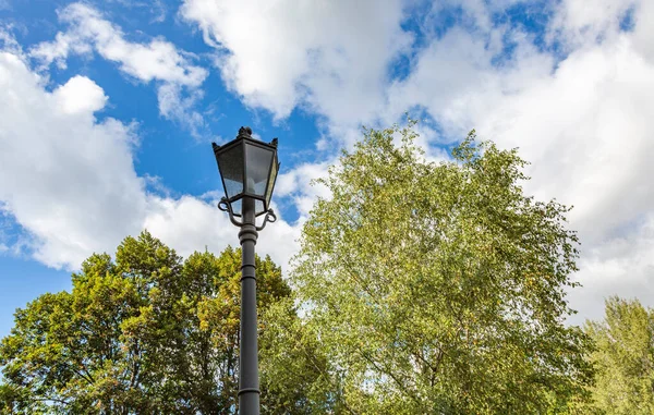 Halka açık bir parkta antika siyah bir fener.