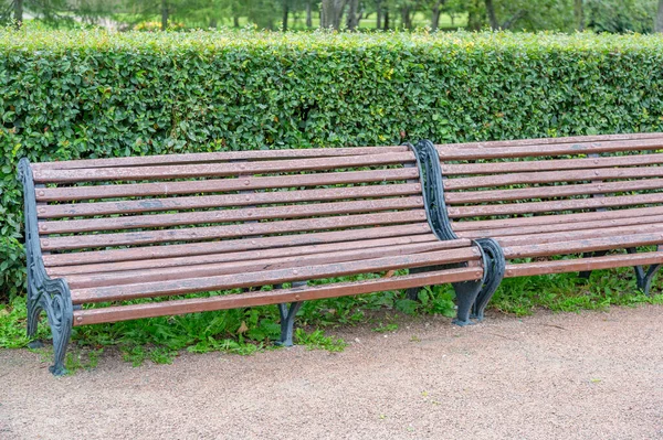 夏の公園で板と錬鉄で作られたレクリエーションベンチ — ストック写真