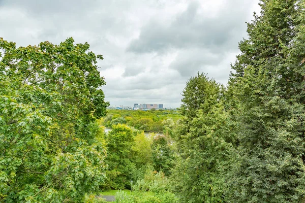 Moskova, Rusya - 19 Eylül 2020: Bulutlu bir günde Kolomenskoye parkından şehir manzarası