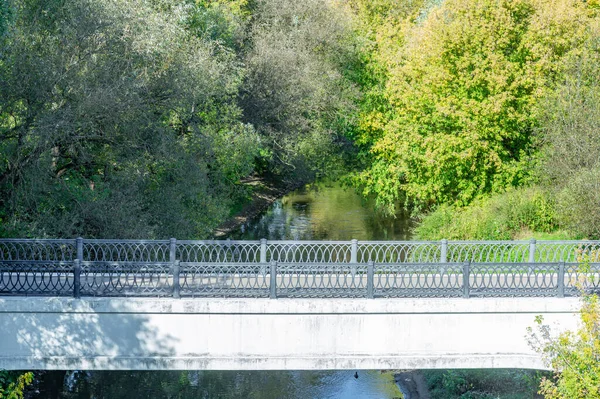 Weißer Steinsteg Über Einen Schmalen Fluss Zwischen Den Bäumen — Stockfoto