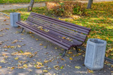 Sonbaharda bir şehir parkında tahtadan ve demirden yapılmış bir tezgah.