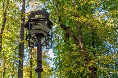 Halka açık bir parkta antika siyah bir fener.