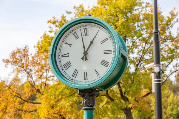Round white and green clock with black arrows on a background of yellowed foliage in an autumn park