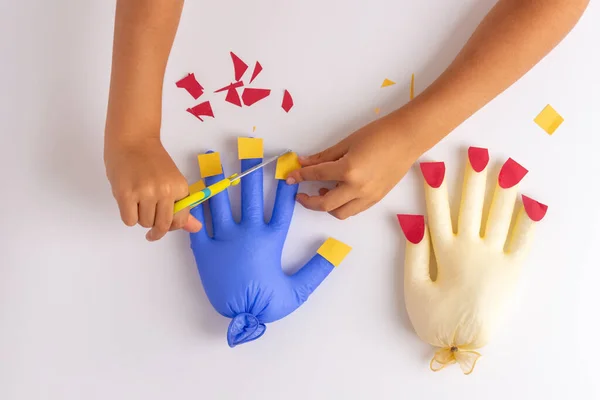 Cutting activity for kids, scissor skills, cutting paper nails fun — Stock Photo, Image