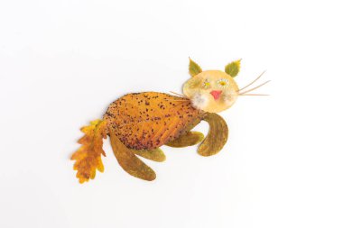 Çocuklar için sonbahar doğa zanaatı, yapraktan yapılmış kedi