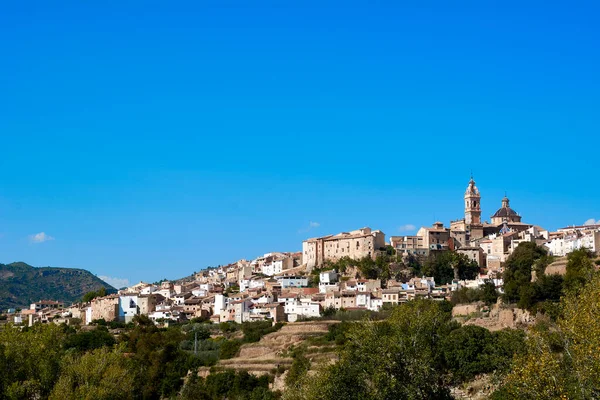 Aldeia Montanha Entre Árvores Com Céu Azul Brilhante Pinheiros — Fotografia de Stock