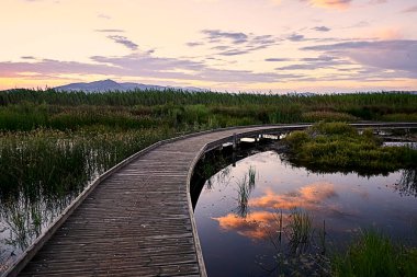 Yağmurda gölün üzerinde ahşap yol, yansımalar, alacakaranlık.