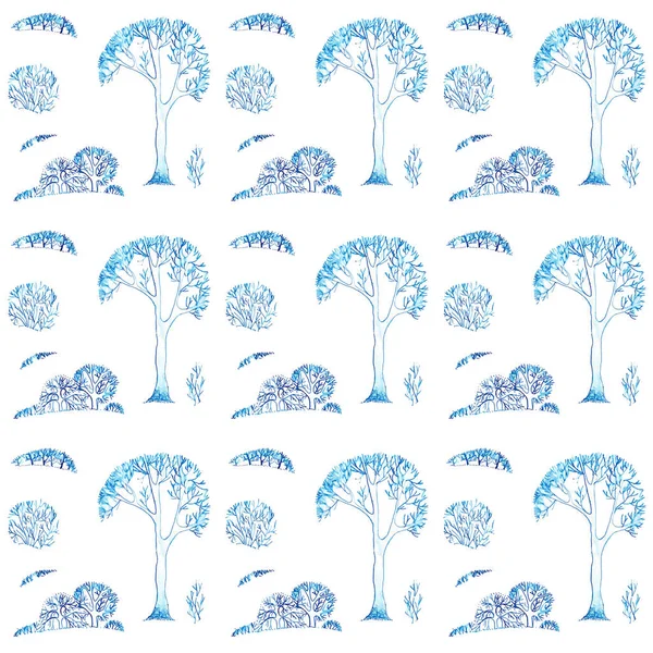 Contorno Monocromático Desenho Linear Paisagem Inverno Azul Sobre Fundo Branco — Fotografia de Stock