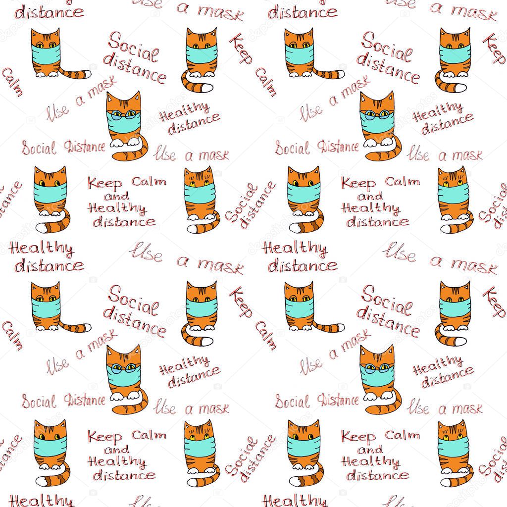 seamless pattern of ginger-striped red cats in protective medical masks and inscriptions about the need to observe the social distance. graphic color picture