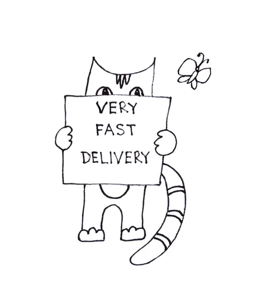 一只条纹猫和一只盒子蝴蝶的黑白图画 写在箱子上 — 图库照片