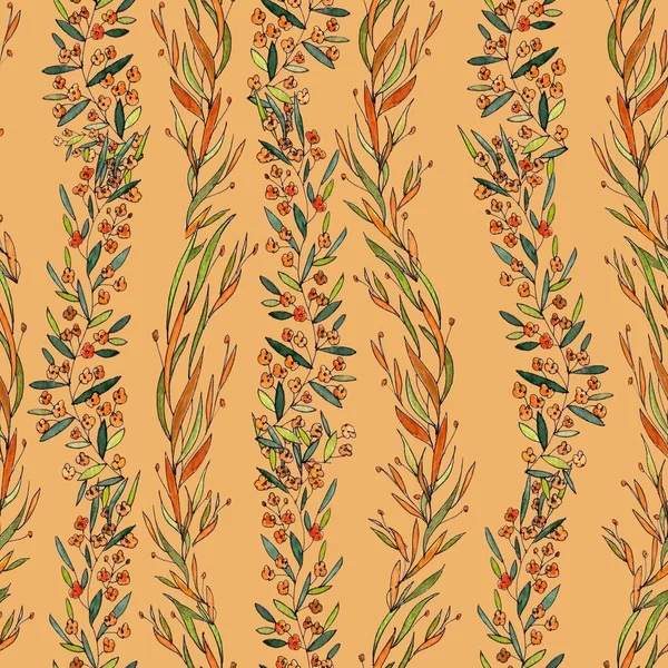 Bezproblemowy Wzór Gałęzi Wąskimi Długimi Liśćmi Pomarańczowymi Kwiatami Pomarańczowym Tle — Zdjęcie stockowe