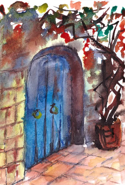 Akwarela Teksturowane Antyczne Niebieskie Drzwi Kamiennej Ścianie Wysokiej Jakości Zdjęcie — Zdjęcie stockowe