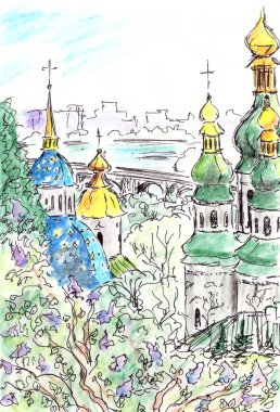Ukrayna Botanik Bahçesi 'nin başkenti Kiev' de turizm seyahati skeci. Yüksek kaliteli illüstrasyon