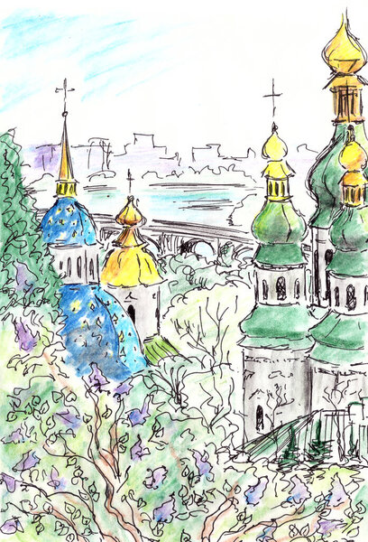 tourism travel sketch in Kiev the capital of Ukraine Botanical Garden. High quality illustration