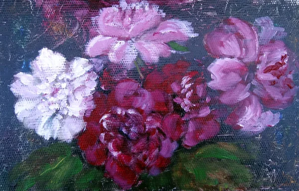 Buquê Grandes Peônias Rosa Branco Borgonha Fundo Escuro Pintura Óleo — Fotografia de Stock