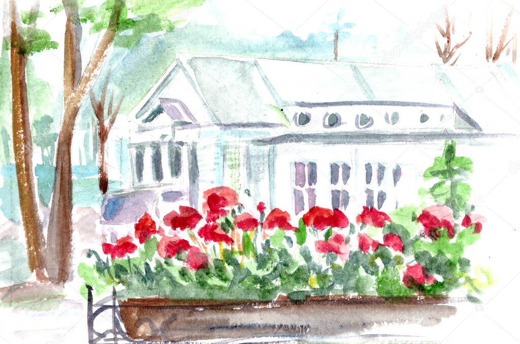 watercolor drawing a travel sketch old wooden concert hall in Jurmala