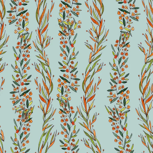 Płynny wzór gałęzi z wąskimi długimi liśćmi i pomarańczowymi kwiatami na turkusowym tle. rysunek graficzny. — Zdjęcie stockowe