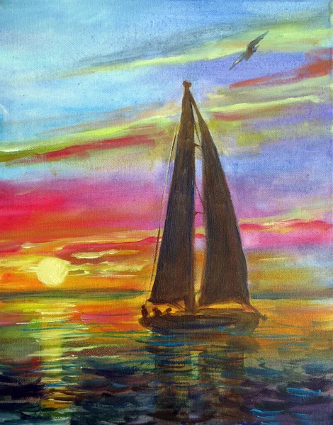 Silhouette of a sailing yacht against the backdrop of a bright sea sunset, oil painting — Stock Photo, Image