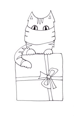 Tıbbi maske takmış çizgili bir kedinin grafik siyah beyaz çizimi, koronavirüs döneminde bir hediye kutusuna konur. Yüksek kaliteli illüstrasyon