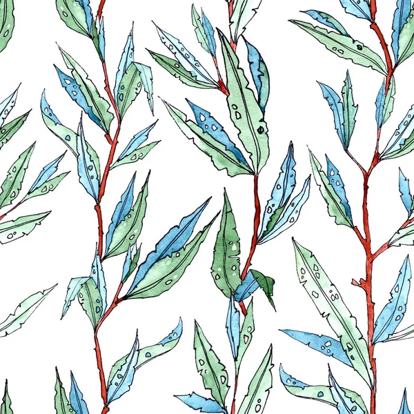 Бесшовный узор ветвей с узкими длинными листьями на белом фоне. графический рисунок . — стоковое фото