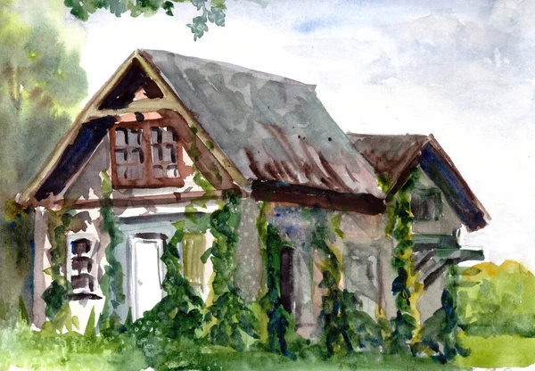 Watercolor wooden village house among greenery Latvia — Stock Photo, Image