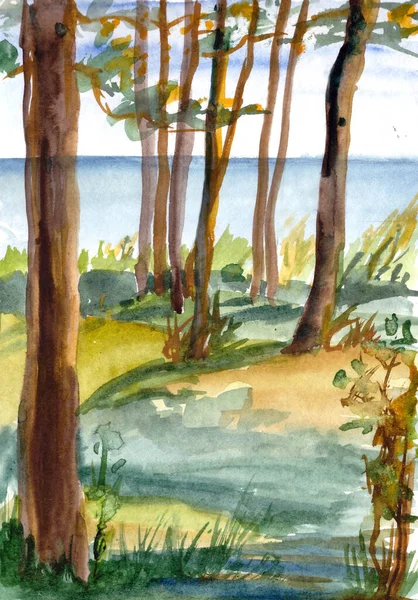 Acuarela viaje bosquejo pinos por el mar azul —  Fotos de Stock