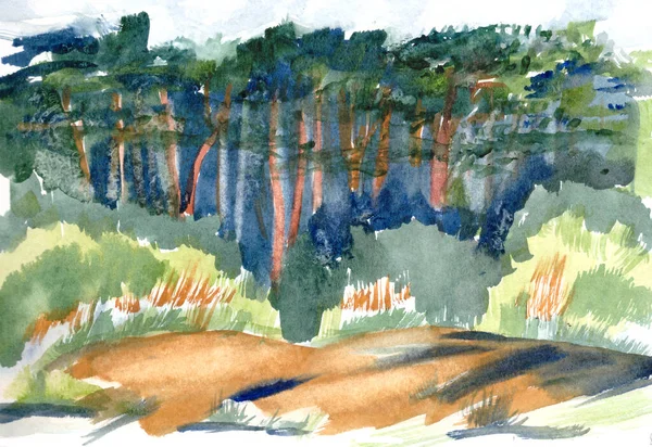 Acuarela dibujo recorrido bosquejo pino, arbustos y dunas en la riga costera —  Fotos de Stock