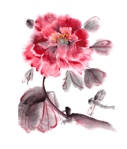 Peonía roja floreciente de primavera en estilo chino —  Fotos de Stock