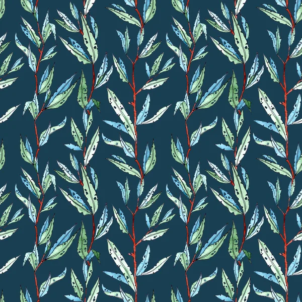 Płynny Wzór Gałęzi Wąskimi Długimi Liśćmi Niebieskim Tle Graficzny Rysunek — Zdjęcie stockowe