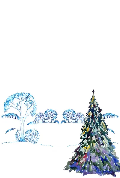 Arbre Noël Sur Fond Forêt Enneigée Pour Carte Postale Affiche — Photo