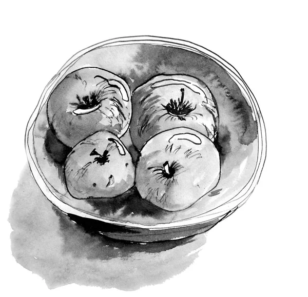 Manzanas Acuarela Blanco Negro Plato Ilustración Alta Calidad — Foto de Stock