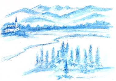 Açık mavi tonlarda, kurşun kalemle çizilmiş kış manzarası. Yüksek kaliteli illüstrasyon