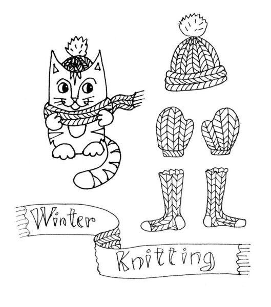 графический черно-белый линейный рисунок набора кошек в вязаном шарфе и шляпе и вязаных предметов колпачок, варежки, носки, шарф и зимняя вязальная надпись. Высокое качество иллюстрации
