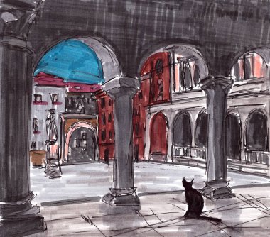 İtalya 'da Verona' da, kemerli bir kütükte kedi silueti olan grafik renkli resim çizimi gece meydanı. Yüksek kaliteli illüstrasyon