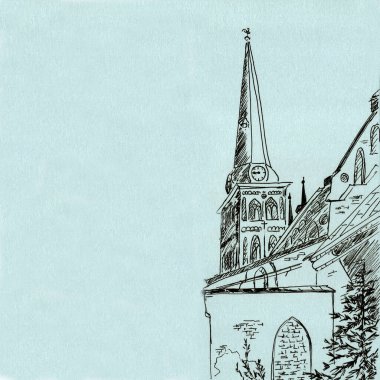 Eski şehir Riga 'ya yapılan grafik turist gezisi. Yüksek kaliteli illüstrasyon