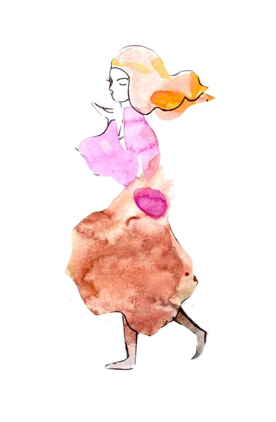 Акварель Девушка Пестром Модном Платье Белом Фоне Высокое Качество Иллюстрации — стоковое фото