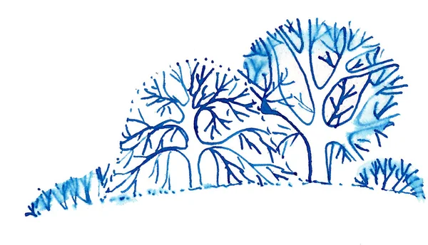 Contorno Monocromático Desenho Linear Paisagem Inverno Azul Ilustração Alta Qualidade — Fotografia de Stock