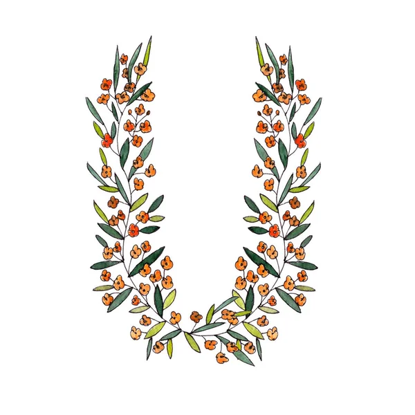 英语和拉丁花字母表的字母U 白色背景上的彩色图形 郁郁葱葱 开桔子花的字母U — 图库照片